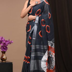 Hand block printed linen saree with blouse