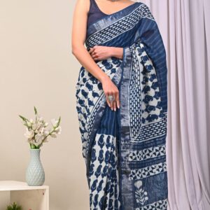 Hand block printed linen saree with blouse