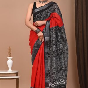 Hand block printed linen saree with blouse