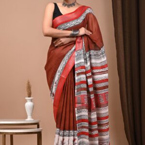 Hand block printed linen saree with blouse