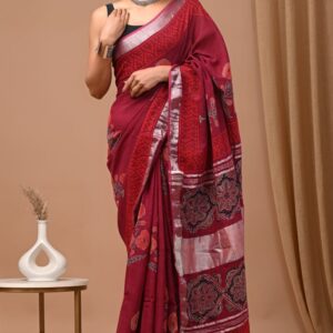 Hand block printed linen saree with blouse