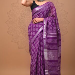 Hand block printed linen saree with blouse