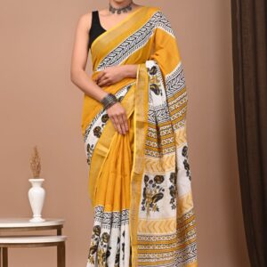 Hand block printed linen saree with blouse