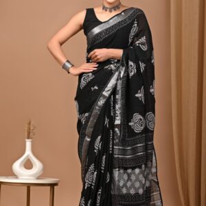 Hand block printed linen saree with blouse