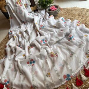 Pure authentic mul cotton saree with silver zari stripes