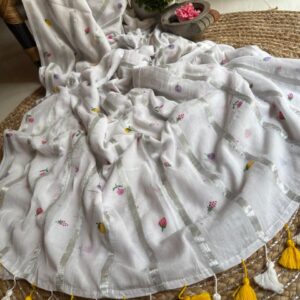 Pure authentic mul cotton saree with silver zari stripes