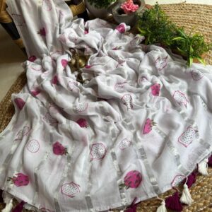 Pure authentic mul cotton saree with silver zari stripes