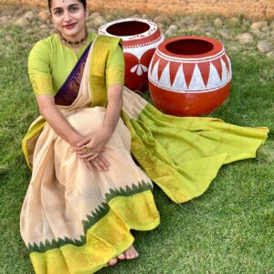 Premium quality zari kattam sungudi cotton saree with ganga jamuna border