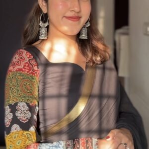 Pure Cotton Ajrakh Hand Block Printed Blouse with Mulmul Cotton Saree