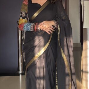 Pure Cotton Ajrakh Hand Block Printed Blouse with Mulmul Cotton Saree