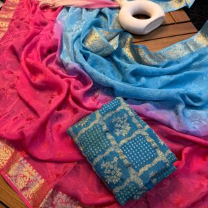 2D Pure Viscose Chinon Shaded Saree with Jacquard Meena Blouse