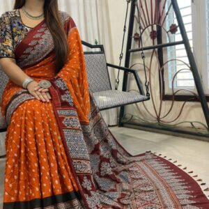Ajrakh Hand Block Printed Modal Silk Saree with Bandhani – Elegant Heritage Weave