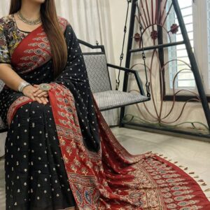 Ajrakh Hand Block Printed Modal Silk Saree with Bandhani – Elegant Heritage Weave