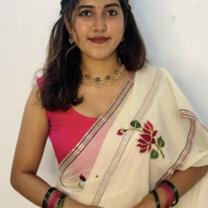 Pure Mulmul Saree with Lotus Motif Embroidery, Pitta Work & Sequins