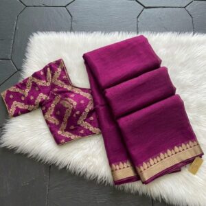 ✨ Beautiful Pure Chinon Chiffon Saree with Zari Weaving Border & Self Brocade Blouse