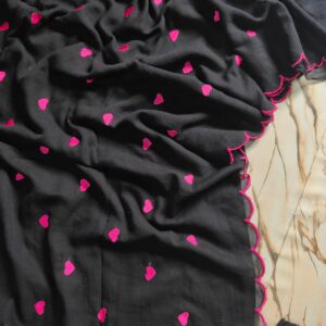 Pure Mul Cotton Saree with Heart Embroidery & Scallop Finish
