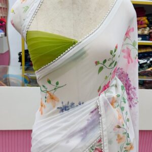 🌸 Premium Viscose Georgette Saree with Floral Prints 🌸