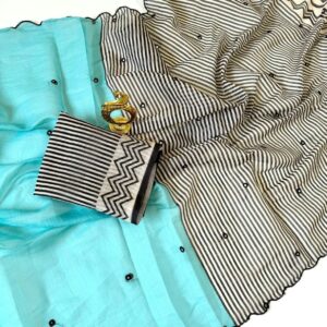 🌸 Elegant Cotton Linen Digital Printed Saree with mirror work 💖