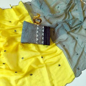 🌸 Elegant Cotton Linen Digital Printed Saree with mirror work 💖